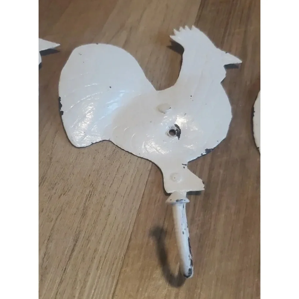 Set of 5 Rooster Chicken Hooks Rustic Distressed White Decor Farmhouse *READ